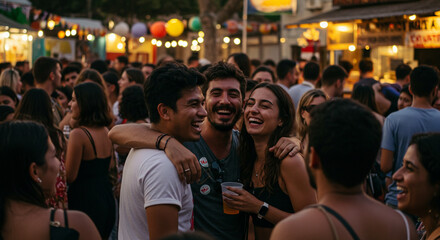 Grupo de amigos sorrindo e se divertindo em festa de rua ao entardecer