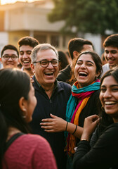 Obraz premium Grupo de amigos sorrindo e se divertindo em festa de rua ao entardecer