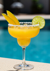 Coquetel tropical com manga, gelo e lim&atilde;o na borda da piscina