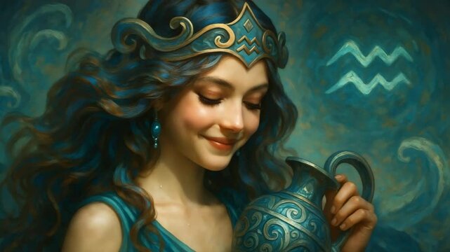 Enchanting representation of a water bearer with flowing hair and intricate jewelry in a serene blue setting Aquarius Zodiac