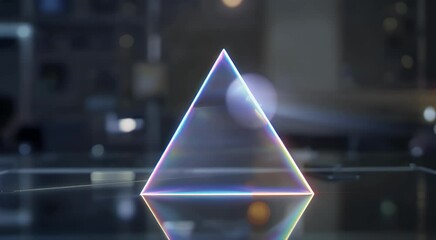 Geometric prism: A glowing geometric prism levitates on a reflective surface with subtle background, evoking a sense of futurism, abstraction and modernity. - Powered by Adobe