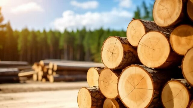 Stacked tree trunks on a bright sunny day near a lush evergreen forest. Forestry materials piled for lumber production.