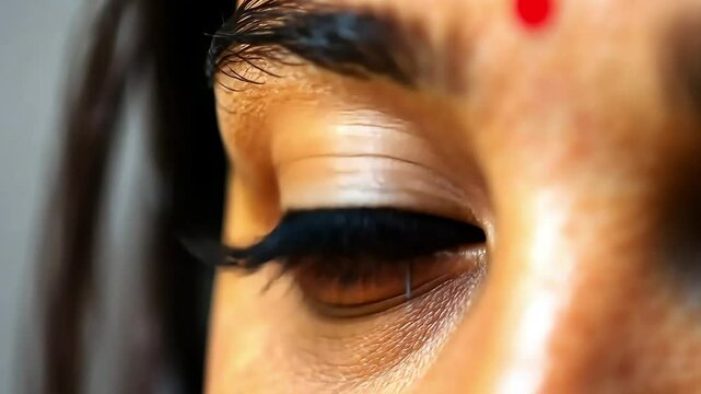 Beautiful face of an Indian girl, her expressive eyes looking at the camera, macro shot