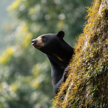 Majestic black bear gazing from behind a mossy tree, hinting at power  observation. Captures natures beauty, wildlife, and animal intelligence. Ideal for conservation.