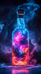 Minimalist glass bottle with vibrant galaxy nebula design and neon lighting, symbolizing imagination, cosmic energy, and the blending of science, art, and inner creativity.
