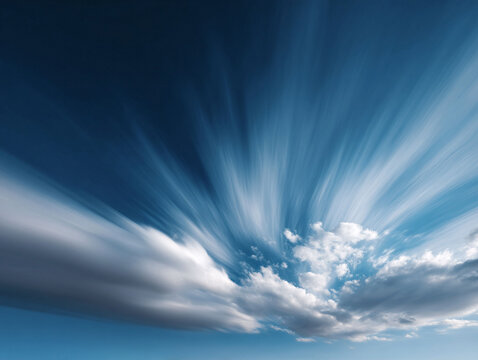 Striking, longexposure sky featuring blurred clouds radiating from a vibrant blue expanse. Evokes concepts like speed, motion, freedom, and inspiration. Perfect backdrop