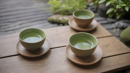 Japanese green tea cups on a wooden table in a Zen garden.