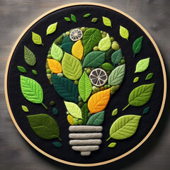 Felt art patchwork, Eco friendly lightbulb from fresh leaves, concept of Renewable Energy and Sustainable Living