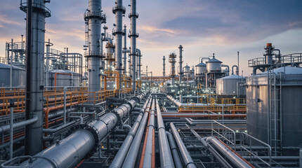 An oil refinery with pipes and tanks