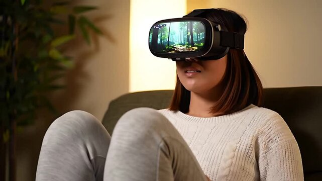 Relaxing Guided Meditation: Woman sits peacefully in a plush chair, bathed in soft light, fully immersed in a soothing virtual reality nature experience.
