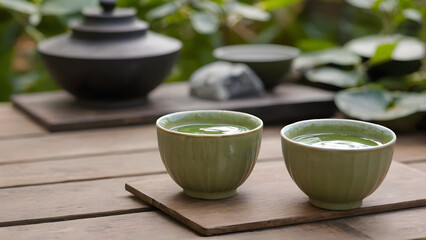Japanese green tea cups on a wooden table in a Zen garden.