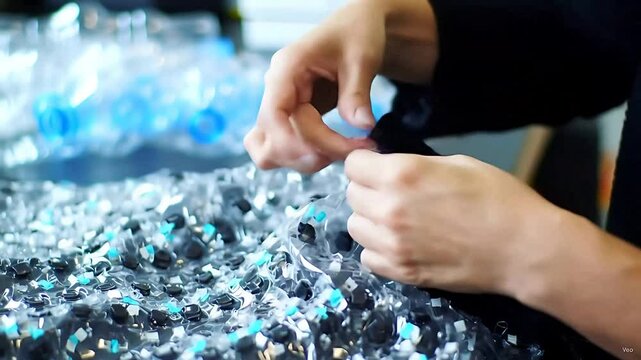 Expert hands meticulously craft a garment, stitching fabric repurposed from recycled plastic bottles&mdash;raw materials and the upcycling process are clearly showcased.