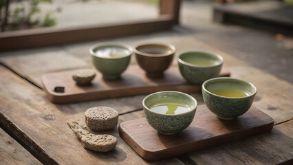 Japanese green tea cups on a wooden table in a Zen garden.