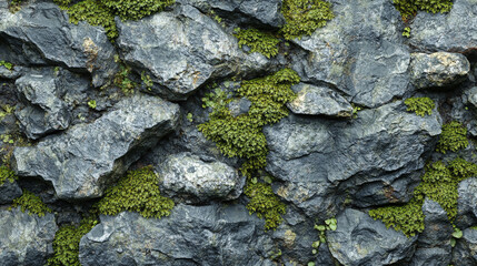 A textured surface of vivid green moss growing between dark grey stones—symbolizing harmony, resilience, grounding, and the quiet strength of nature in contrast to hard materials.

