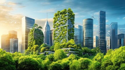 Fototapeta premium Lush greenery adorns modern city skyscrapers at sunrise