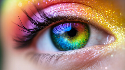 3D digital rendering of a multicolored human iris formed by scattered rainbow lines and binary light—symbolizing identity, vision, biometrics, AI perception, and the fusion of tech and humanity.

