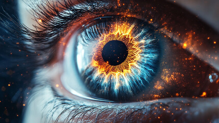 3D digital rendering of a multicolored human iris formed by scattered rainbow lines and binary light—symbolizing identity, vision, biometrics, AI perception, and the fusion of tech and humanity.
