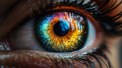 3D digital rendering of a multicolored human iris formed by scattered rainbow lines and binary light&mdash;symbolizing identity, vision, biometrics, AI perception, and the fusion of tech and humanity.
