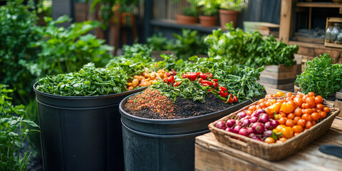 Freshly harvested vegetables and herbs arranged in a garden setting reveal the beauty of nature's bounty during daylight hours