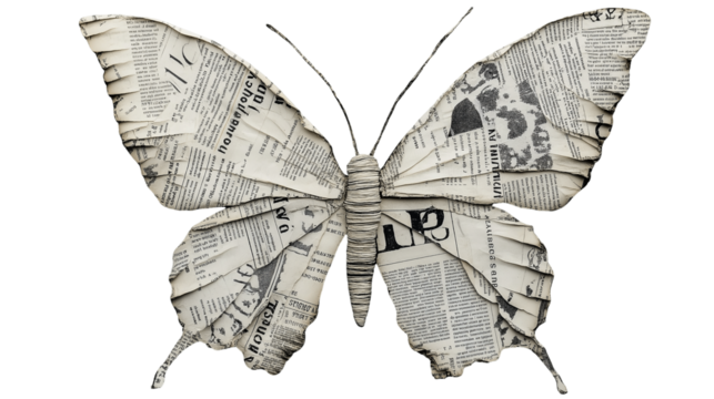 Butterfly made from folded newspaper pages, vintage, isolated on transparent background cutout - Powered by Adobe