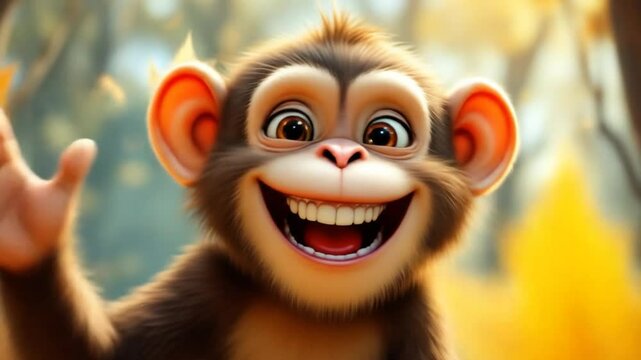 Cartoon Monkey Waves Cheerfully in Autumnal Forest, with a focus on a cute, friendly character and copy space for children's illustration.