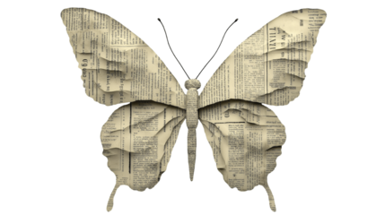 Butterfly crafted from folded newspaper pages displaying intricate textures and delicate metamorphosis, isolated on transparent background cutout