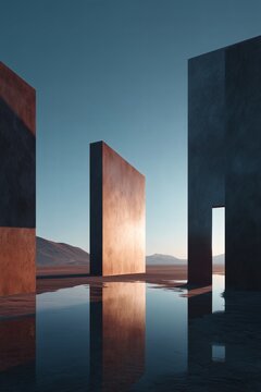 Surreal desert landscape with water reflecting monumental stone structures under a clear blue sky, evoking a sense of serene mystery.