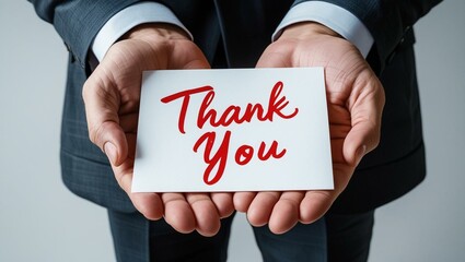 Man holding white card. Red handwritten Thank you note on paper. Male hands show gratitude, appreciation. Giving thanks. Good news. Expressing positive emotions. Message concept.