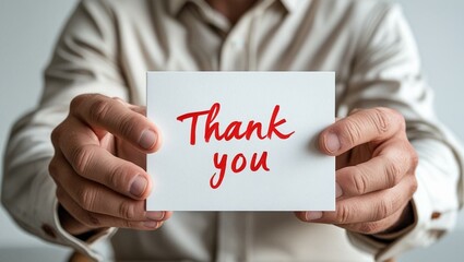 Man holding white card. Red handwritten Thank you note on paper. Male hands show gratitude, appreciation. Giving thanks. Good news. Expressing positive emotions. Message concept.