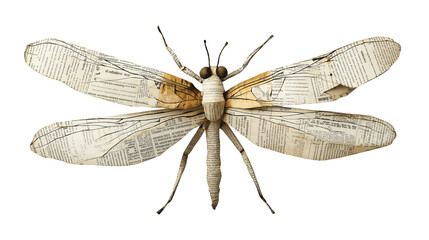 Vintage dragonfly sculpture made from recycled newspaper isolated on transparent background cutout