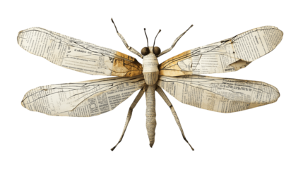 Vintage dragonfly sculpture made from recycled newspaper isolated on transparent background cutout