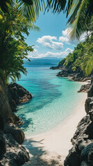A tranquil tropical bay with turquoise waters, white sand, and lush cliffs—symbolizing paradise, natural beauty, serenity, eco-tourism, and the escape to untouched scenic landscapes.

