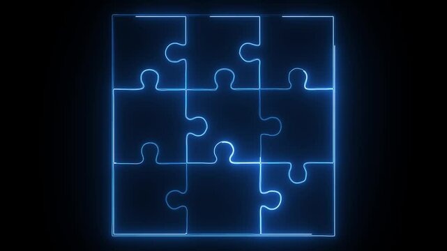 glowing neon puzzle icon isolated on black background glowing neon piece icon concept.4k