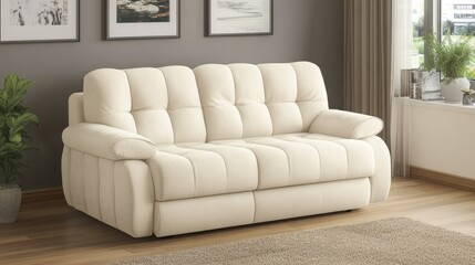 A cream-colored sectional sofa with tufted upholstery.