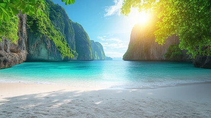 Fototapeta premium A tranquil tropical bay with turquoise waters, white sand, and lush cliffs—symbolizing paradise, natural beauty, serenity, eco-tourism, and the escape to untouched scenic landscapes. 