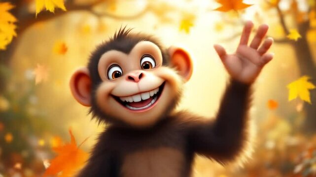 Animated Monkey Greets in Autumn Forest, a cheerful scene with a cartoon animal waving its hand, set outdoors in a warmly colored, digital illustration style.