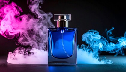 Blue Perfume Bottle with Pink and Blue Smoke on Dark Background