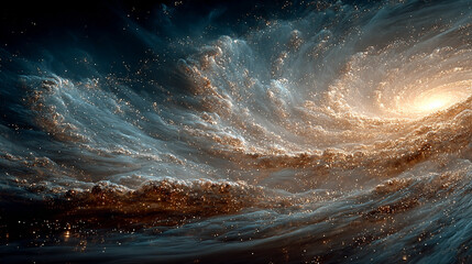 Fototapeta premium A luminous spiral galaxy in deep space radiates blue, gold, and silver hues—symbolizing cosmic mystery, infinity, celestial beauty, and the grandeur of the universe beyond our world. 