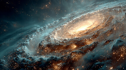 A luminous spiral galaxy in deep space radiates blue, gold, and silver hues—symbolizing cosmic mystery, infinity, celestial beauty, and the grandeur of the universe beyond our world.

