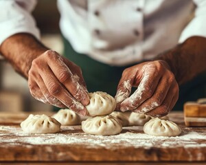 A chef"s hands making dumplings on a floured wooden surface, showcasing traditional culinary preparation.