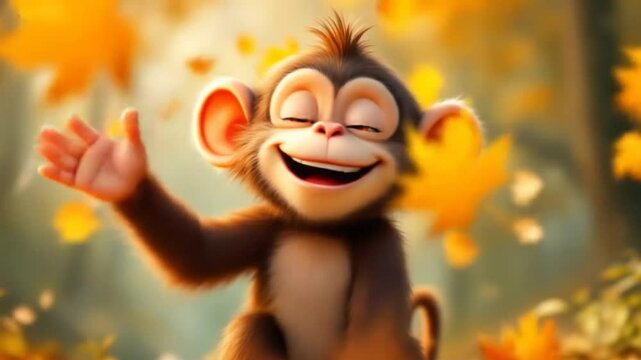 Cartoon monkey greets joyfully in an autumn forest, illustrating happiness and childlike wonder with digital art style.