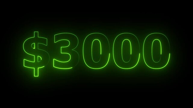 neon 3000 dollar text icon. animation on black background.Neon glowing Number counter from