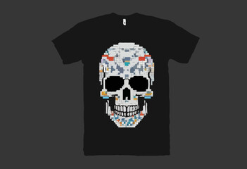 skull illustration with pixel style and retro poster t shirt design, vector graphic, typographic poster or tshirts street wear and Urban style