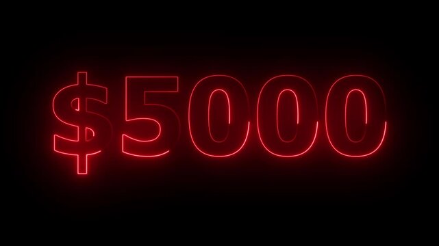neon 5000 dollar text icon. animation on black background.Neon glowing Number counter from