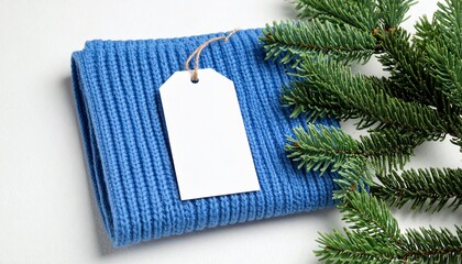 Blue Knitted Napkin Mockup with Blank Tag and Winter Branches