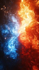3D illustration of a dynamic 'versus' background image, with contrasting elements of lava and ice, symbolizing a duel between fire and ice, creating an intense and dramatic atmosphere