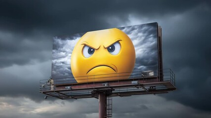 Angry emoji billboard glows on tall pole under stormy clouds, static wide shot - Powered by Adobe