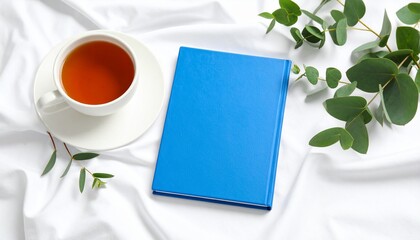 Blue Journal Beside Herbal Tea and Eucalyptus Leaves on White Fabric