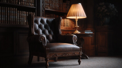 Elegant leather armchair in a classic library setting, bathed in soft light. Represents relaxation, sophistication, and intellectual pursuits. Ideal for conveying luxury or wisdom.