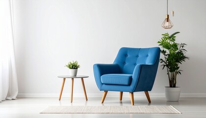 Blue Chair in Minimalist White Room with Textured Wall